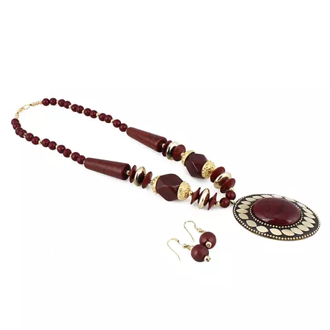 Aradhya Tibetan style handmade maroon beads necklace with earrings set for women and girls