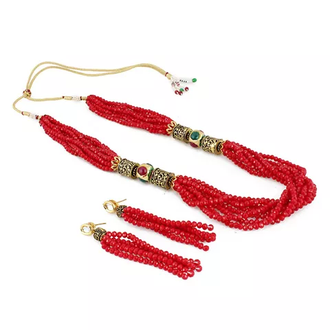 Aradhya Designer copper beads multi-layer red color crystal beads necklace with earrings