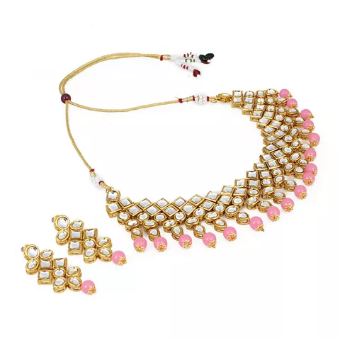 Aradhya Designer party wear pink beads kundan necklace set with mang tikka and earrings for women and girls