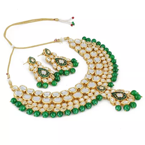 Aradhya Stylish high quality kundan with green stone and shining beige pearl necklace set with earrings for women and girls