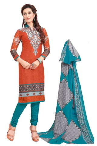 Minu Suits  Orange Red Cotton Salwar Suits Sets  Dress Material