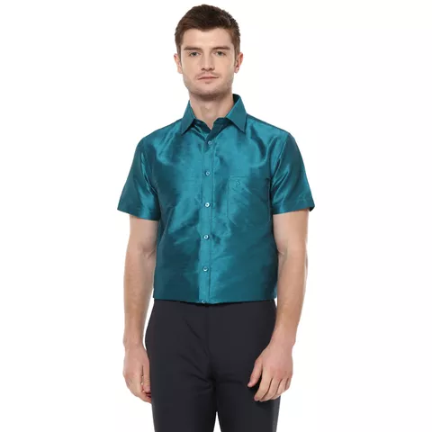 Khoday Williams Men's Rama Green Poly Silk Solid Regular Fit Shirt
