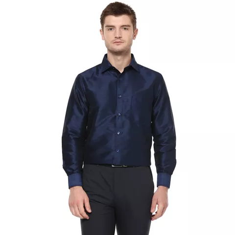 Khoday Williams Men's Navy Blue Poly Silk Solid Regular Fit Shirt