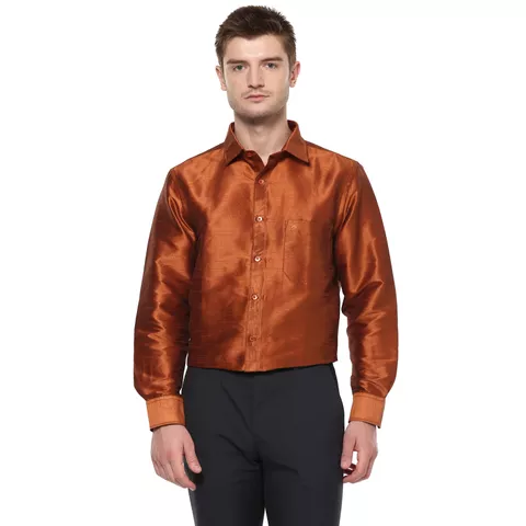 Khoday Williams Men's Dark Gold Poly Silk Solid Regular Fit Shirt