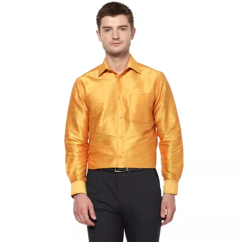 Khoday Williams Men's Yellow Poly Silk Solid Regular Fit Shirt