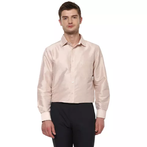 Khoday Williams Men's Light Beige Poly Silk Solid Regular Fit Shirt