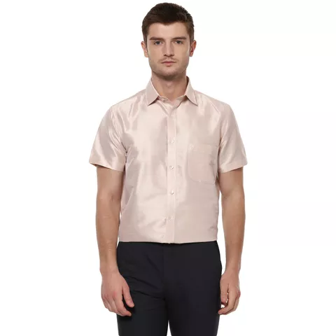 Khoday Williams Men's Light Beige Poly Silk Solid Regular Fit Shirt