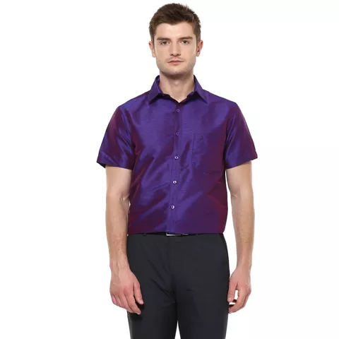 Khoday Williams Men's Dark Purple Poly Silk Solid Regular Fit Shirt