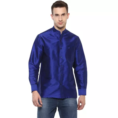 Khoday Williams Men's Blue Poly Silk Solid Regular Fit Shirt