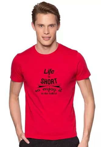 DOUBLE F ROUND NECK RED COLOR LIFE IS SHORT SO ENJOY IT PRINTED T-SHIRTS