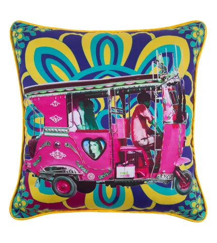 Gulabi Auto Rickshaw Glaze Cotton Cushion Cover 16x16 Inches