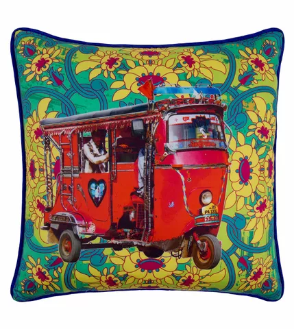 Lal Auto Rickshaw Glaze Cotton Cushion Cover 16x16 Inches