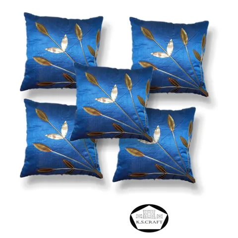 k.s.craft  Blue N Golden Leaf Design Cushion Covers - Set of 5 (16 x 16 Inches)