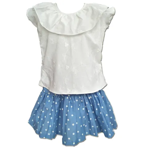 LaOcchi Light Blue Polka Skirt with White Embroideried Top