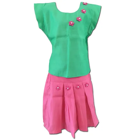 LaOcchi Pink Chanderi Skirt and Green Top with Beads and Flowers