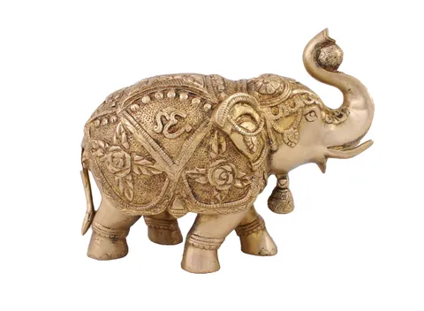 Ethnic Decor Elephant Standing Trunk Up Bell in Neck Statue Sculpture Showpiece Hand Work  � 20.5 cm (Brass, Gold)