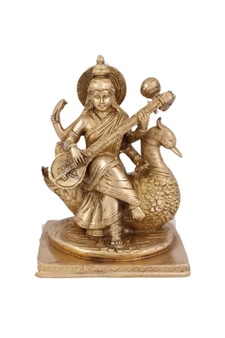 Hindu Goddess Saraswati Idol Statue Sculpture Hand Work Showpiece � 19.3 cm (Brass, Gold)