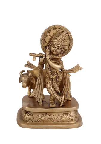 Hindu God Krishna Idol Kanha Statue  Kanahiya Sculpture Hand Craft Showpiece � 16.5 cm (Brass, Gold)
