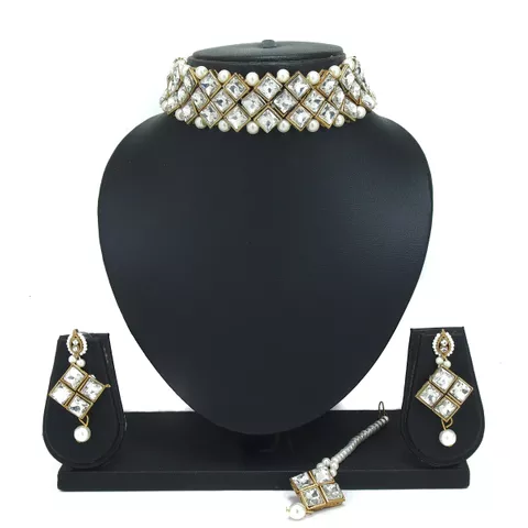 Padmawati White Crystal Kundan Pearl Choker Necklace Dangler Earrings Mang Tikka Jewelry Set