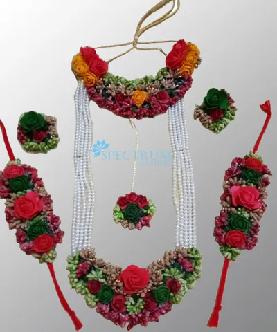 spectrumjaipur Floret Multi colour flower jewellery set with 2 Necklace earrings, mangtika and bracelet for women and girls (mehendi/haldi)