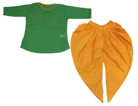 Krivi Kids Green And Yellow Color Full Sleeve Traditional Kurta And Dhoti Set For Baby Boy's And Baby Girl's.