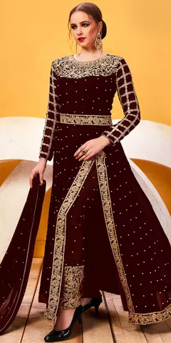 Fancy Maroon Georgette Designer Anarkali Suit.