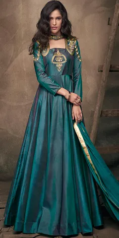 Dazzle Turquoise Green Soft Taffeta Silk Ready Made Gown.