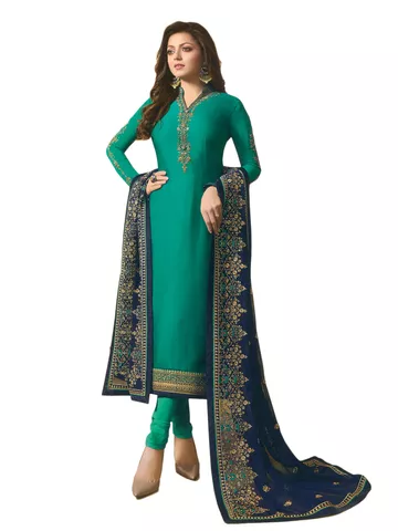 Madhubala Teal Blue And Navy Blue Georgette Satin Straight Suit.