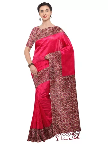Women's Red and Brown Poly silk Printed Saree