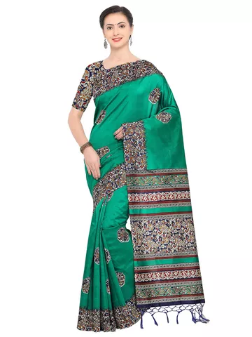 Women's Turquoise Poly silk Floral Printed Saree