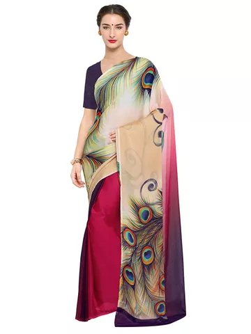 Women's Chiffon Georgette Off-white and Maroon Printed Saree