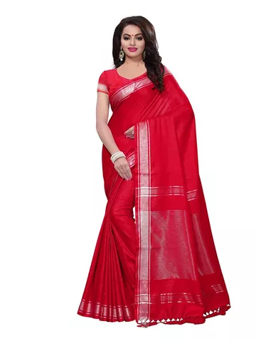 Women's Red Poly Linen Stripes Maheshwari Saree with Unstitched Blouse