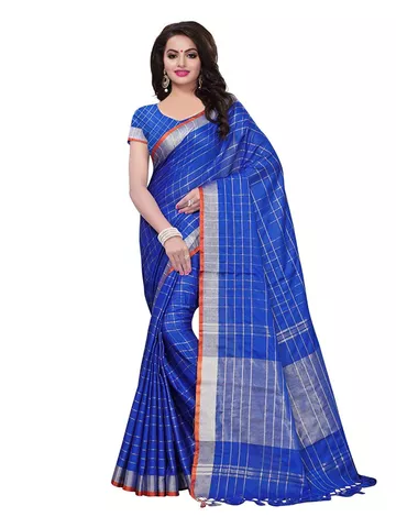 Women's Blue Poly Linen Stripes Maheshwari Saree with Unstitched Blouse