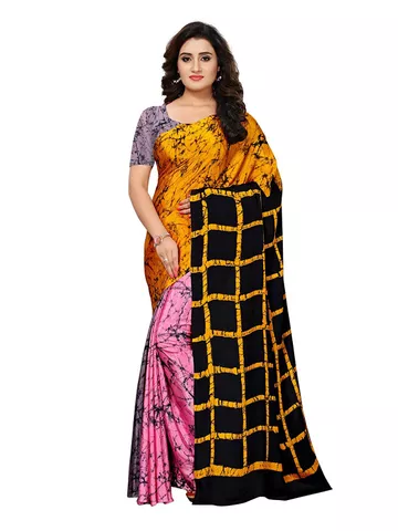 Women's Crepe Checked Printed Saree with Blouse