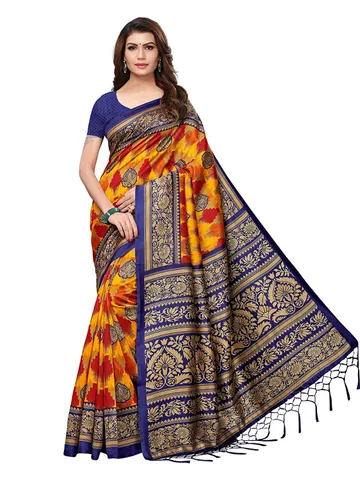 Women's Turquoise and Multi Poly Silk Saree