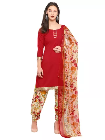 Women's Crepe Printed Dress Material (583D17012,Red and Beige,Free Size)