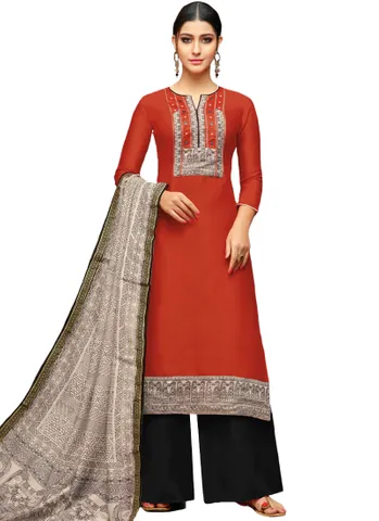 Hot Red And Black Chanderi Cotton Palazzo Suit.