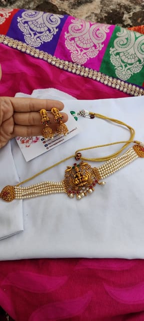 Pearl high lakshmi necklace with jhumka