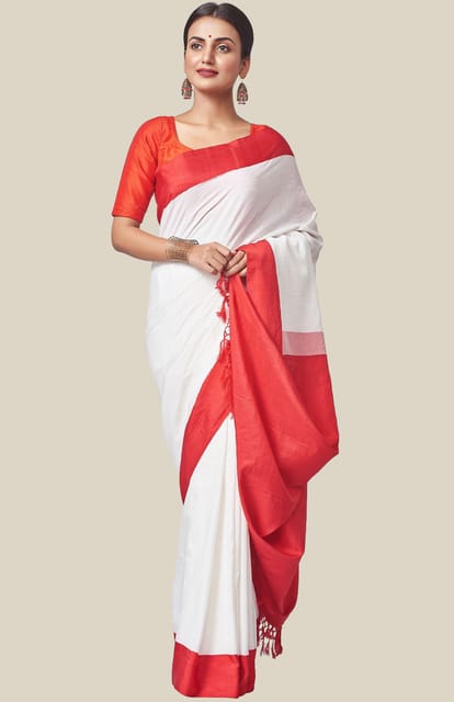 Cotton-Silk Cutshuttle Saree in Red and White