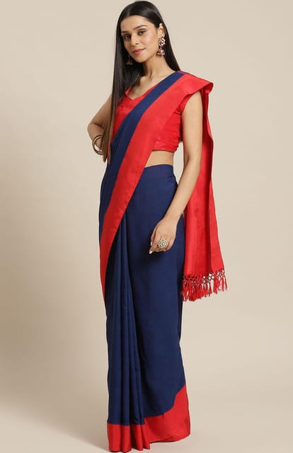 Cotton-Silk Cutshuttle Saree in Indigo and Red