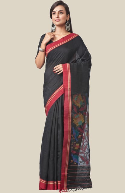 Matka Silk Jamdani Saree in Black Colour