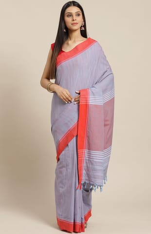 Handwoven Begumpuri Blue and Red Cotton Saree