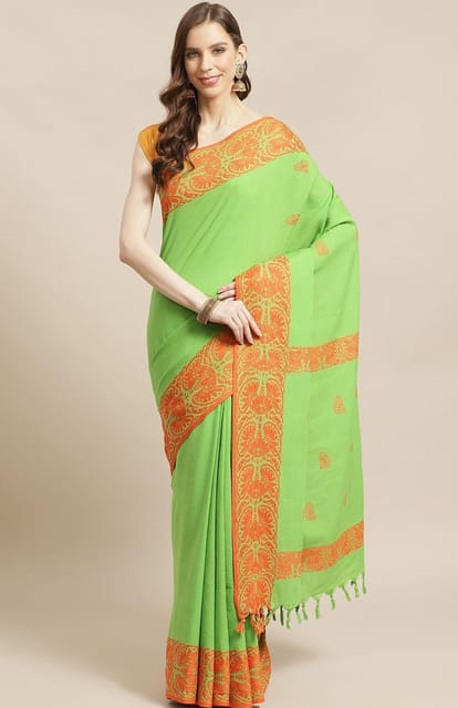 Handwoven Dokhna Cotton Saree in Green & Orange