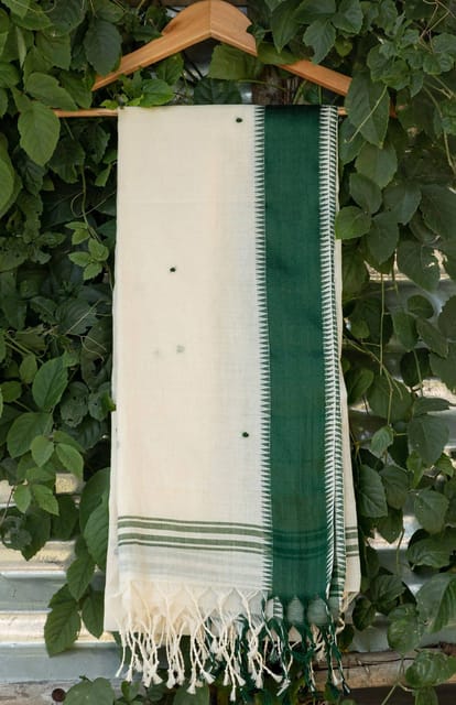 Handwoven Offwhite Green Border Dhaniakhali Cotton Dupatta