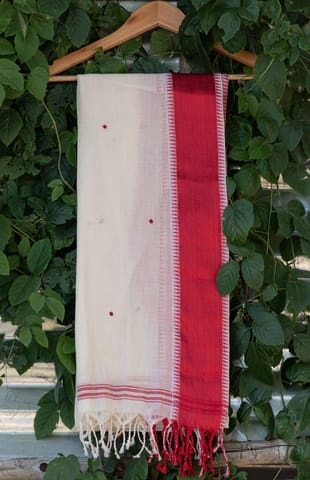 Handwoven Offwhite Red Border Dhaniakhali Cotton Dupatta