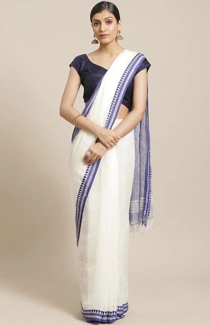 Handwoven White Linen Saree