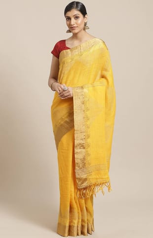 Handwoven Yellow linen nettle jacquard saree with zari work