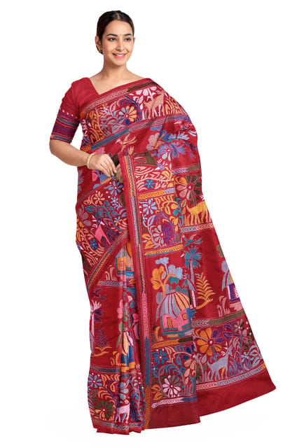 Kantha Silk Saree Red