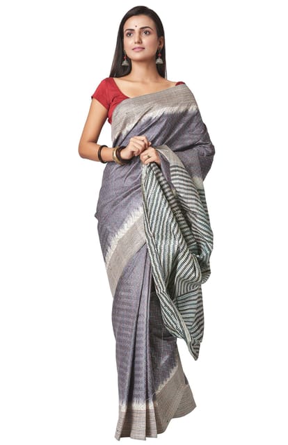 Kantha Tussar Silk Saree in Grey Colour