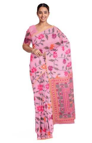 Kora Silk Jamdani Saree Pink